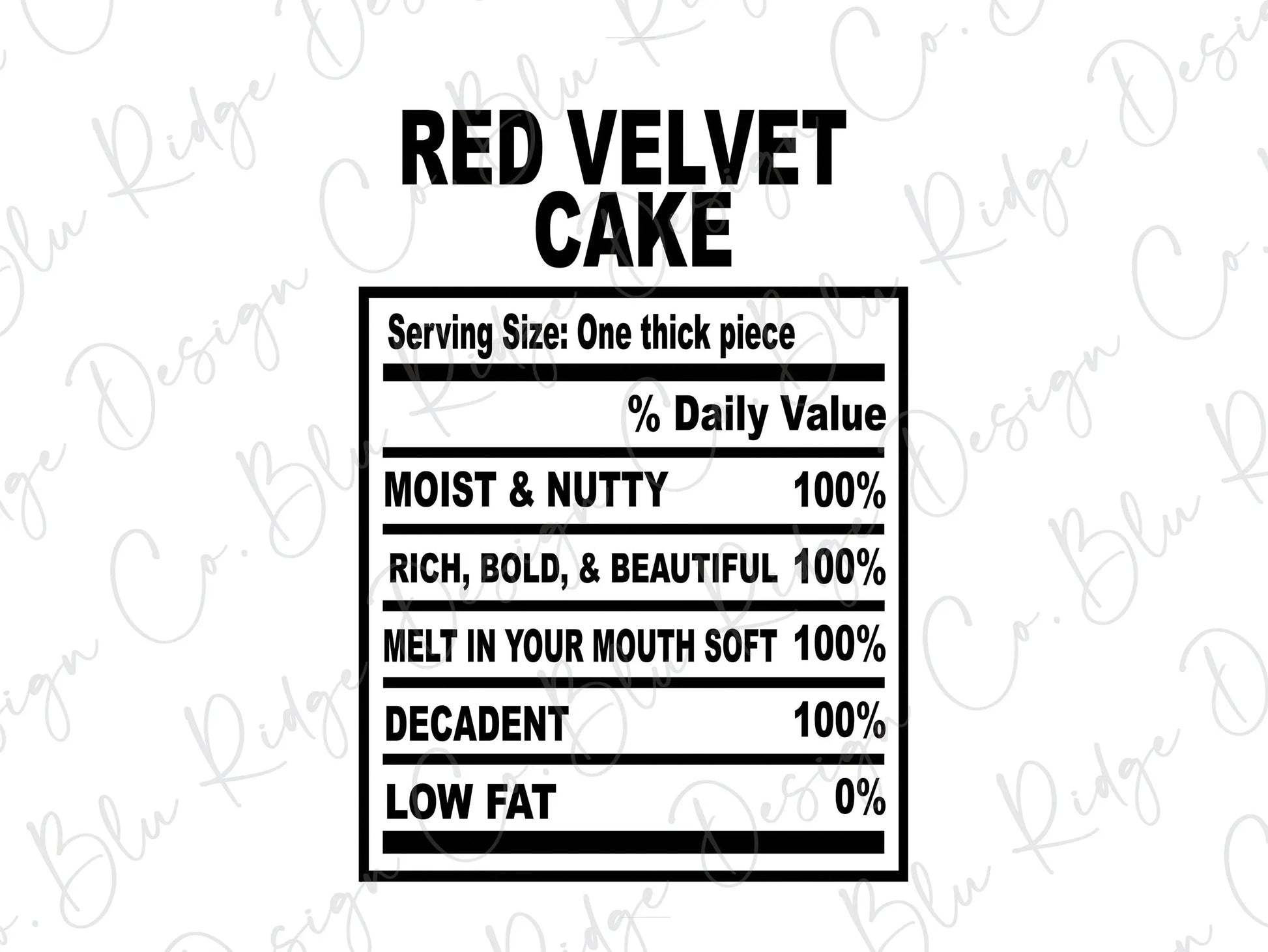 Thanksgiving Soul Food Nutrition Label Red Velvet Cake Direct to Film (DTF) Transfer Blu Ridge Design Co