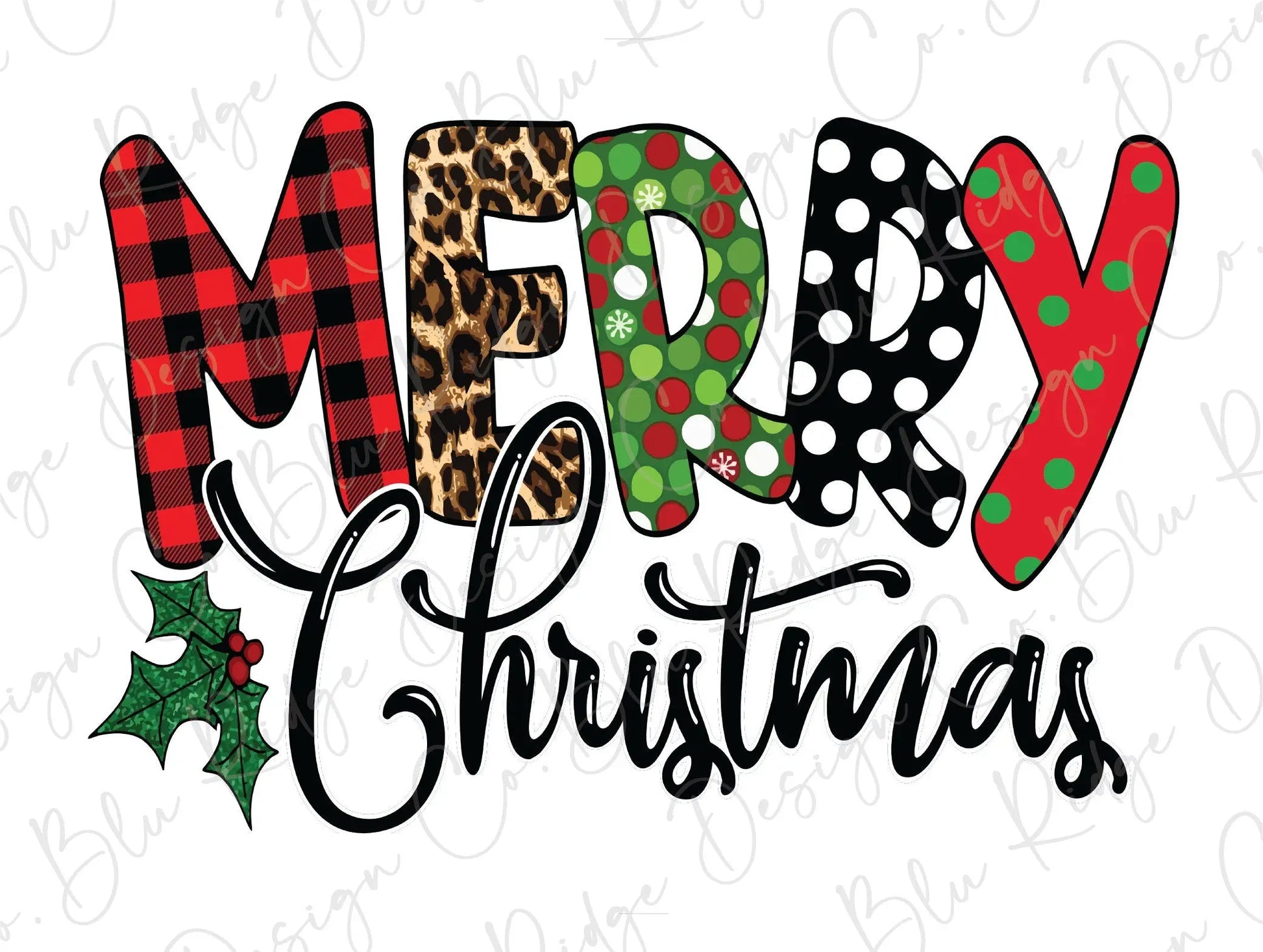 Merry Christmas Plaid, Leopard, Polka Dots No Hat Direct To Film (DTF) Transfer BluRidgeDesignCo