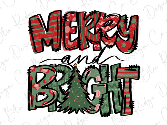 Merry and Bright Christmas Tree Direct To Film (DTF) Transfer BluRidgeDesignCo