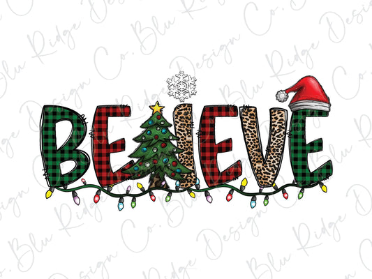 Believe in Christmas Leopard Plaid Direct to Film (DTF) Transfer