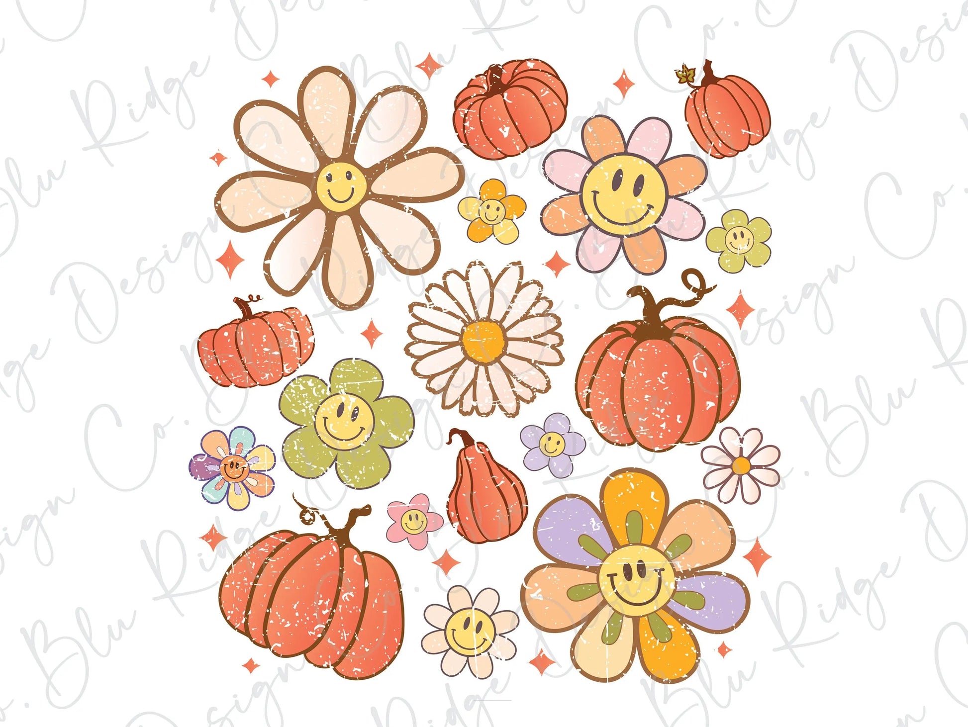 Pumpkins n Flowers Retro Direct to Film (DTF) Transfer BluRidgeDesignCo