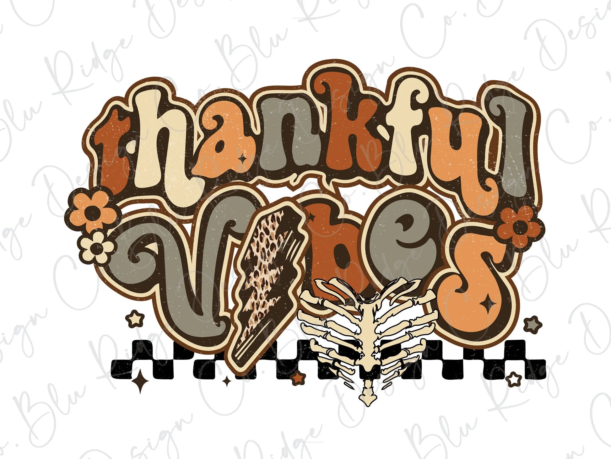 Retro Thankful Vibes Leopard Lightning Bolt Direct to Film (DTF) Transfer BluRidgeDesignCo