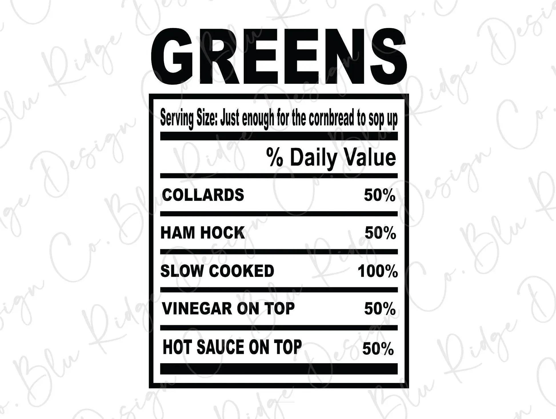 Thanksgiving Soul Food Nutrition Label Greens Direct to Film (DTF) Transfer BluRidgeDesignCo