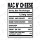Thanksgiving Soul Food Nutrition Label Mac N Cheese Direct to Film (DTF) Transfer