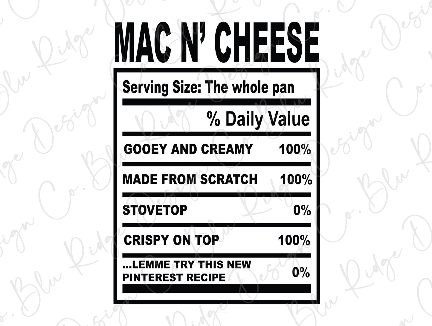 Thanksgiving Soul Food Nutrition Label Mac N Cheese Direct to Film (DTF) Transfer