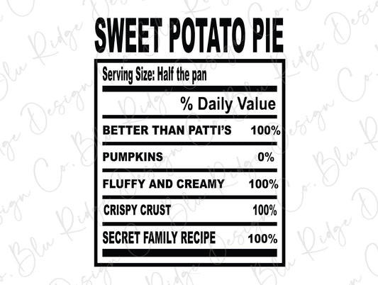 Thanksgiving Soul Food Nutrition Label Sweet Potato Pie Direct to Film (DTF) Transfer