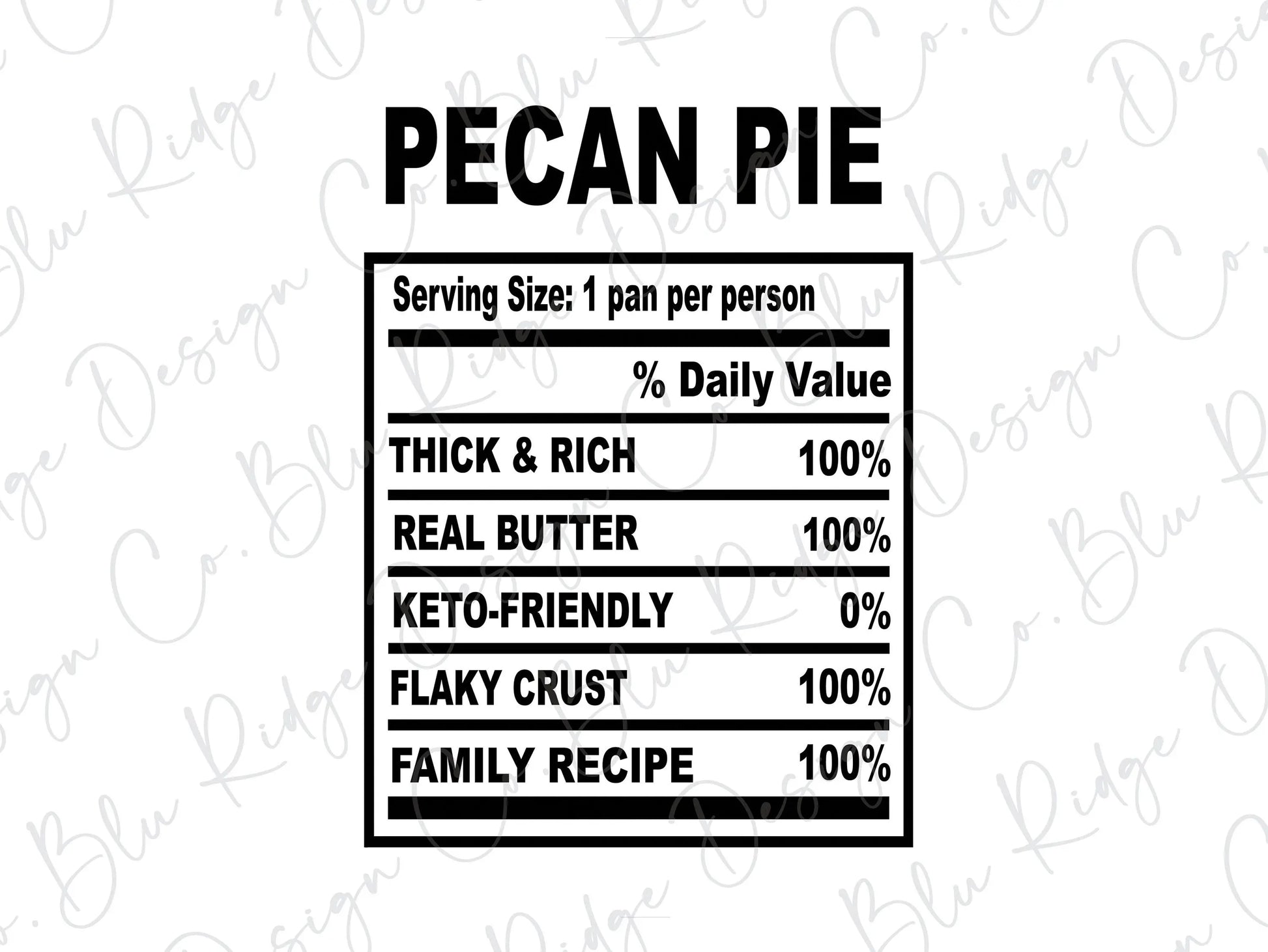 Thanksgiving Soul Food Nutrition Label Pecan Pie Direct to Film (DTF) Transfer Blu Ridge Design Co