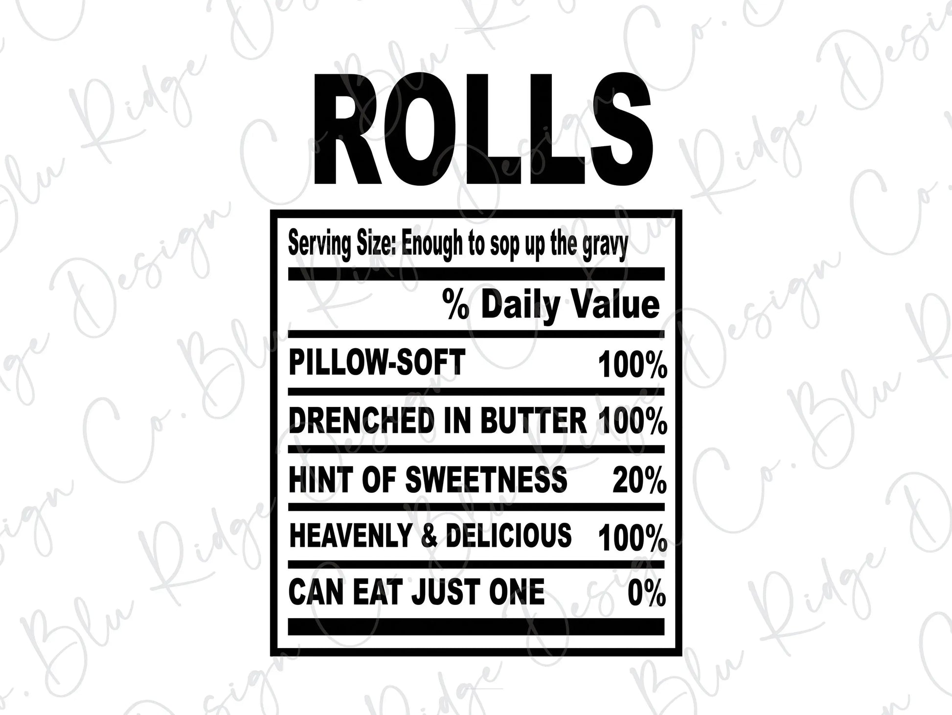 Thanksgiving Soul Food Nutrition Label Rolls Direct to Film (DTF) Transfer Blu Ridge Design Co