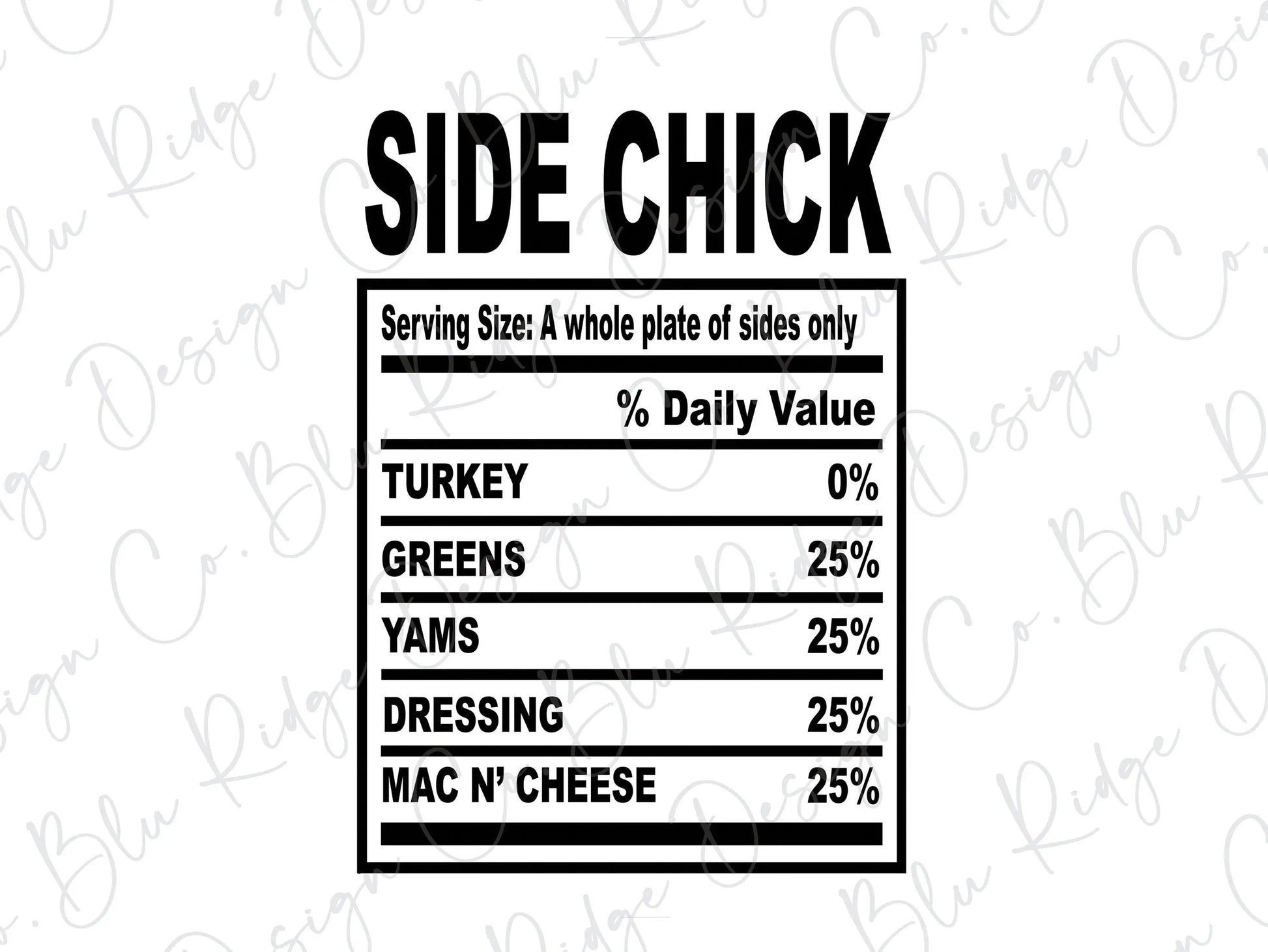 Thanksgiving Soul Food Nutrition Label Side Chick Direct to Film (DTF) Transfer Blu Ridge Design Co