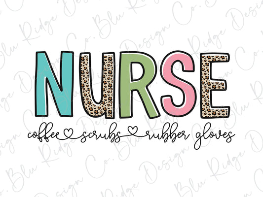 NURSE Coffee Scrubs Rubber Gloves Leopard Colorful Direct to Film (DTF) Transfer BluRidgeDesignCo