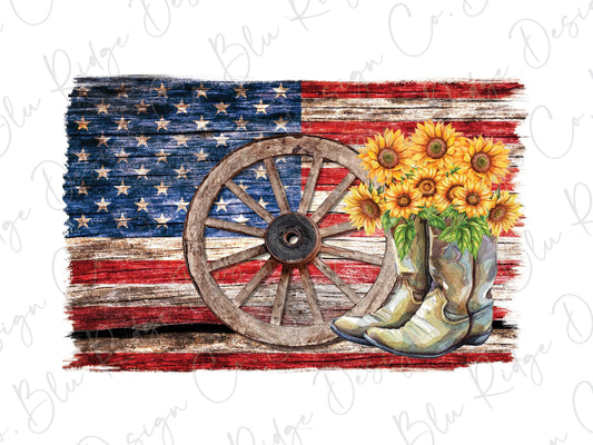 USA Flag with Boot and Sunflower Direct to Film (DTF) Transfer BluRidgeDesignCo