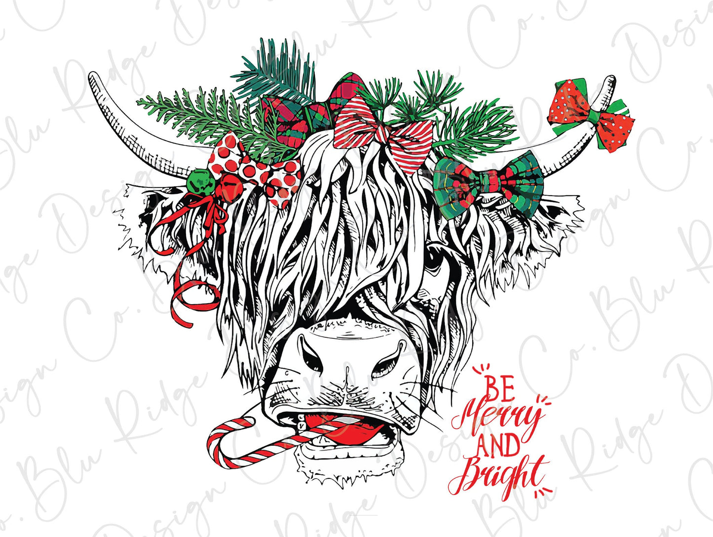 Be Merry and Bright Christmas Highland Cow Direct To Film (DTF) Transfer