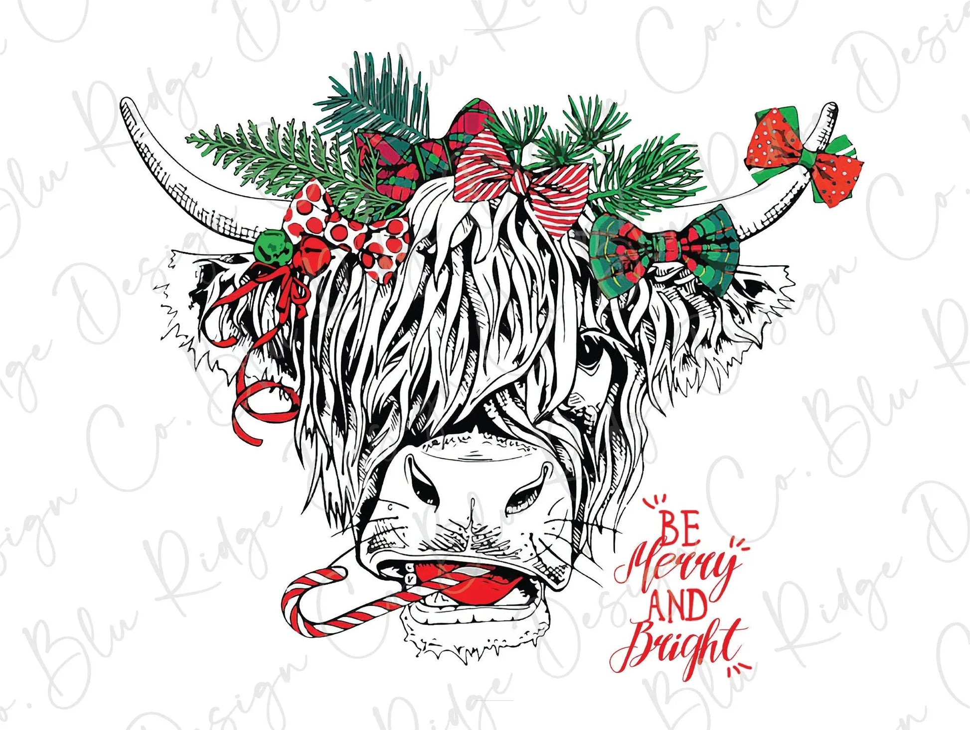 Be Merry and Bright Christmas Highland Cow Direct To Film (DTF) Transfer BluRidgeDesignCo