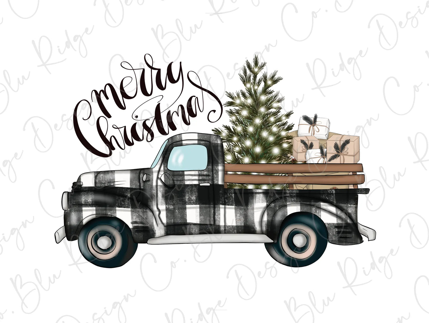 Merry Christmas Plaid Buffalo Christmas Tree Delivery Truck Direct to Film (DTF) Transfer BluRidgeDesignCo