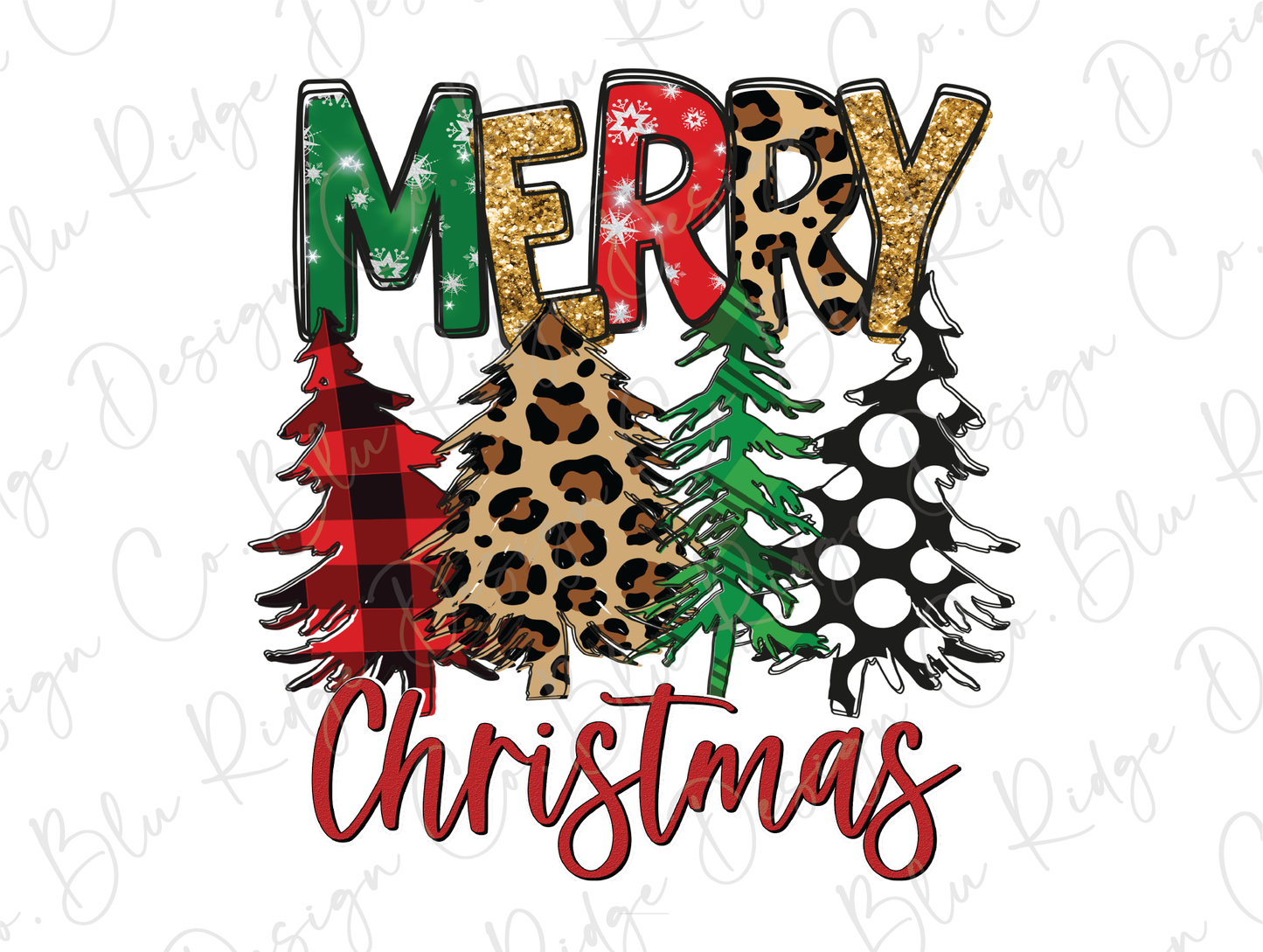 Merry Christmas Plaid, Leopard, Polka Dots Christmas Trees Direct To Film (DTF) Transfer
