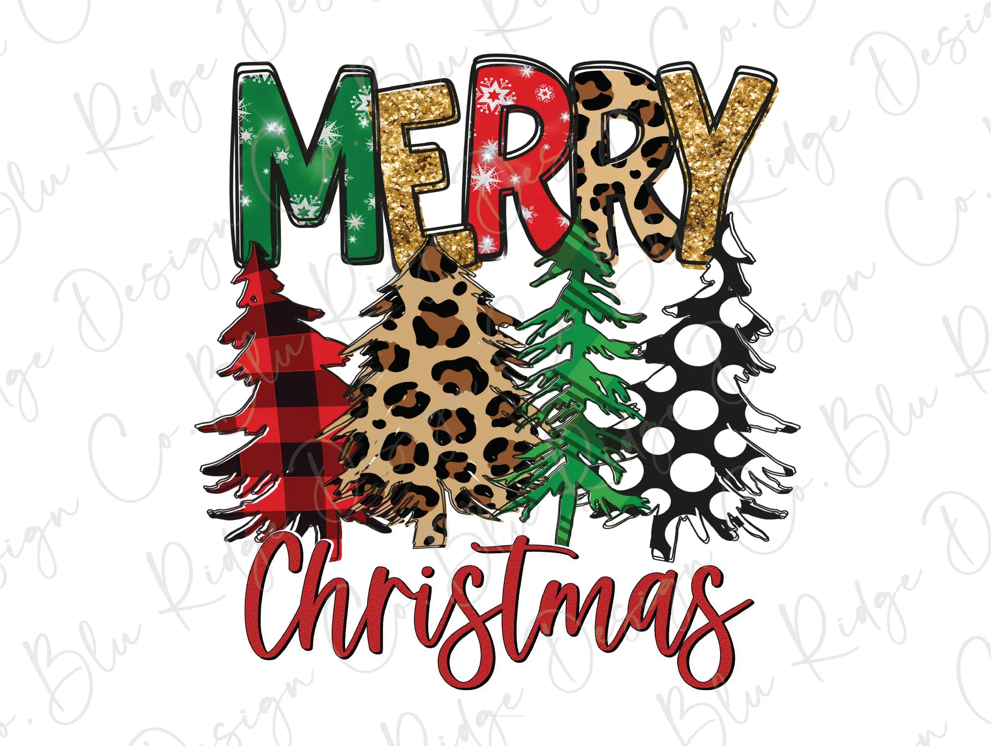 Merry Christmas Plaid, Leopard, Polka Dots Christmas Trees Direct To Film (DTF) Transfer BluRidgeDesignCo